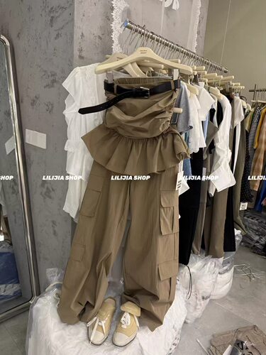 正品实拍美式辣妹两件套装女夏新款无袖抹胸上衣休闲阔腿裤配腰带