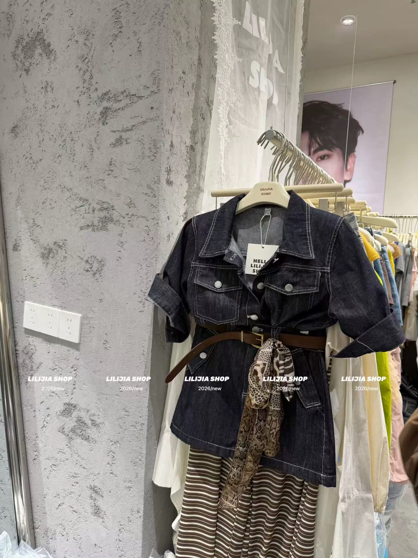 正品实拍韩版时尚百搭宽松复古短袖牛仔外套女牛仔裙配腰带丝带潮