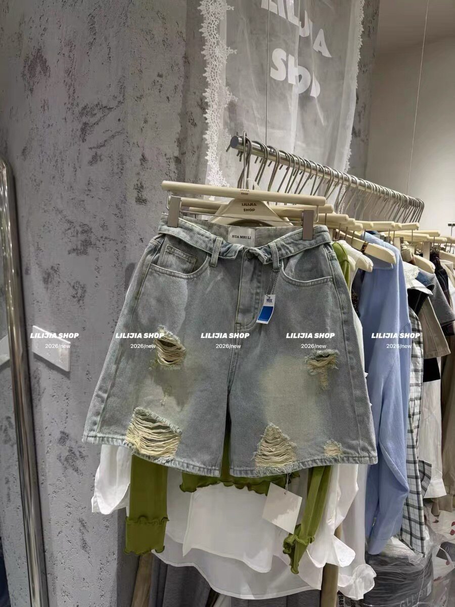 正品实拍2026夏季韩版时尚百搭设计感翻边腰头破洞牛仔裤女五分裤