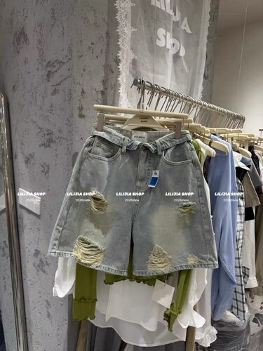 正品实拍2026夏季韩版时尚百搭设计感翻边腰头破洞牛仔裤女五分裤