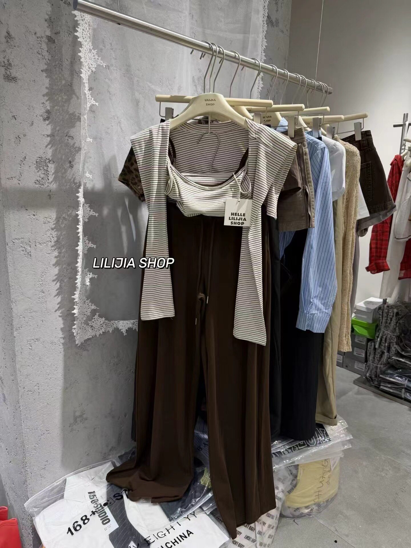 LiLijja正品韩系慵懒风条纹吊带背心披肩+长裤时尚休闲三件套套装