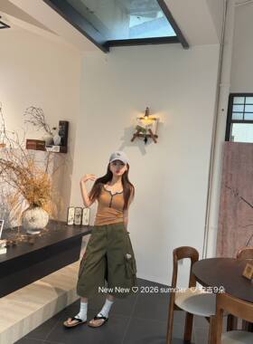 正品实拍2026夏季新款韩版百搭休闲港风刺绣工装七分裤阔腿裤潮女