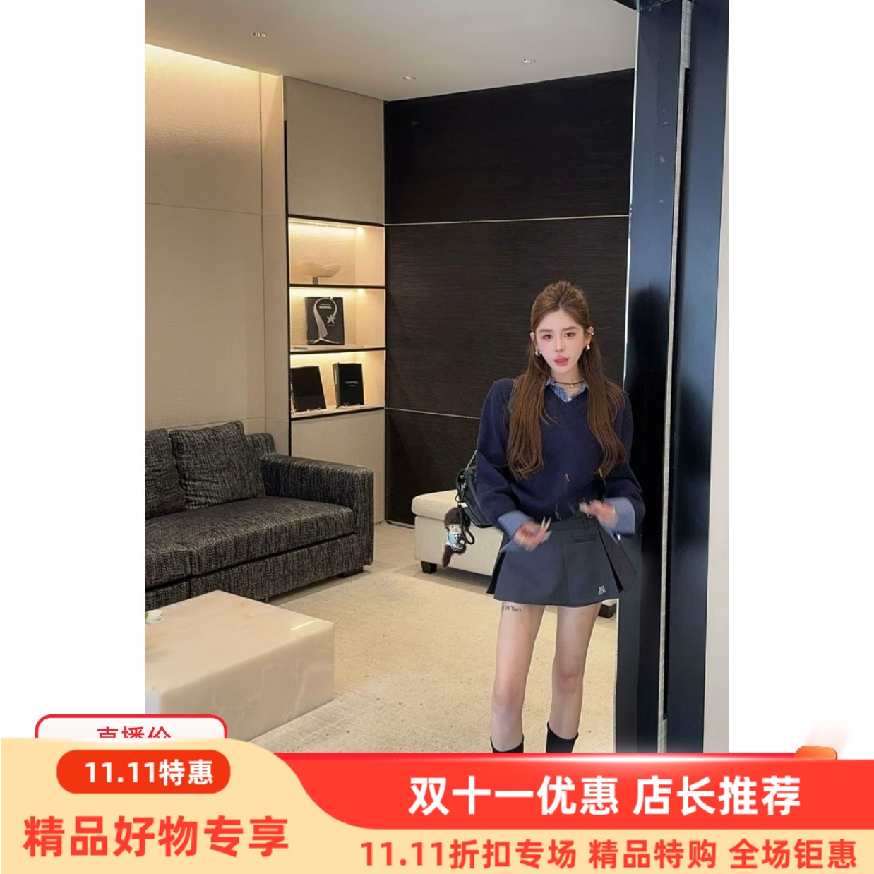 泡菜订制藏蓝色毛衣假两件2025秋季新款韩版时尚polo领学院风毛衣