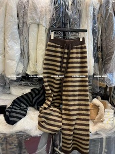 高腰显瘦百搭休闲直筒长裤 咖色条纹针织阔腿裤 韩版 新款 女2025冬季