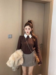 宽松假两件拼接POLO领麻花针织套头上衣女毛衣潮 韩版 2025冬季 新款