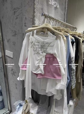 正品实拍韩版时尚百搭宽松显瘦设计感拉肩微透字母长袖防晒t恤女