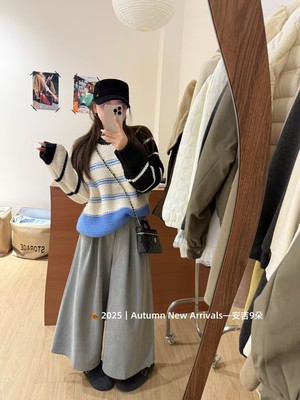 韩国东大门2025冬季新款韩版宽松休闲圆领条纹套头针织衫厚实外搭