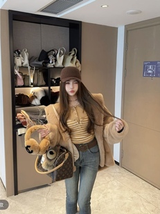 宽松加厚皮草外套 韩版 泡菜订制咖色环保毛连帽外套女2025冬季 新款