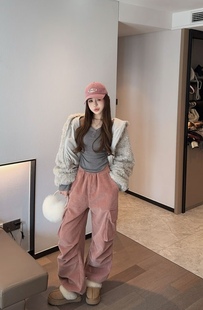 宽松羊羔毛外套 韩版 泡菜订制灰色环保毛毛连帽外套女2025冬季 新款