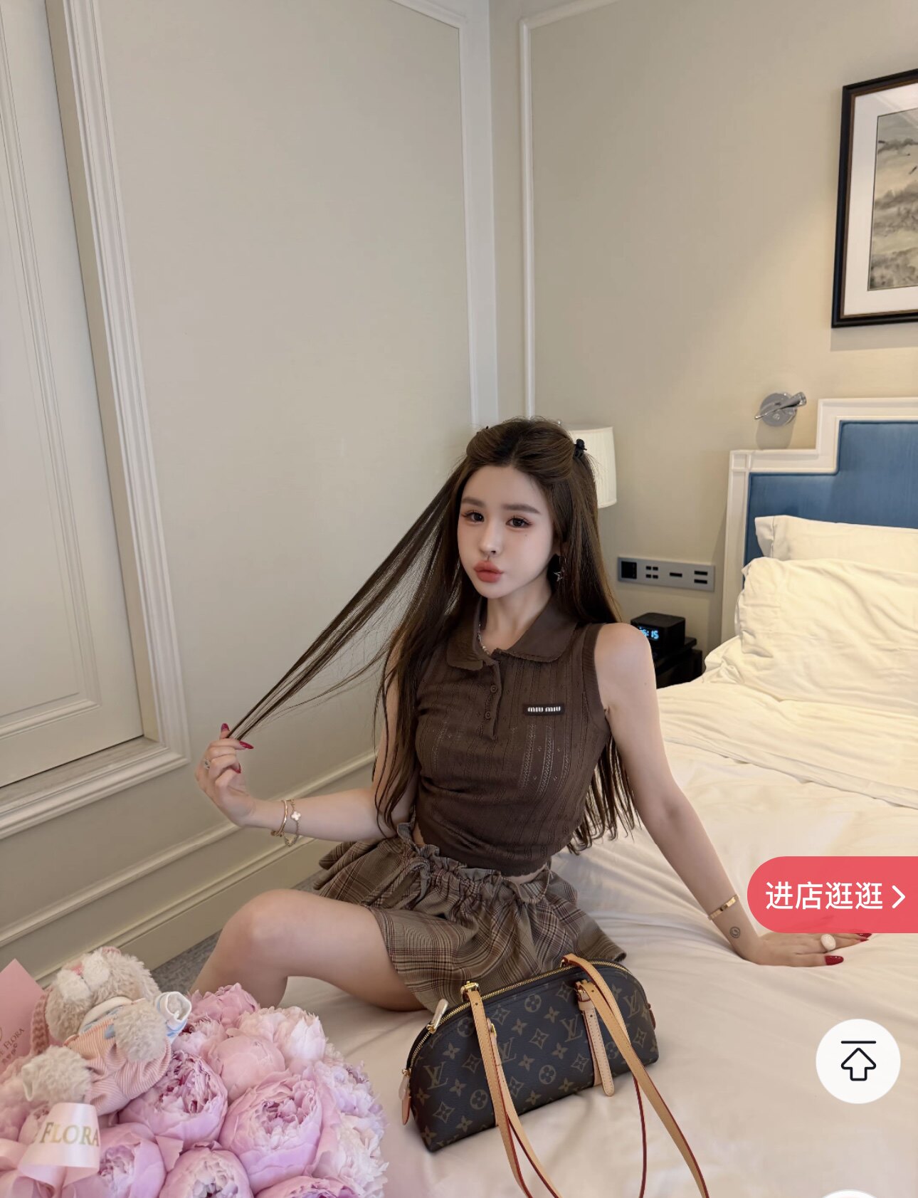 九月家【乖乖小女】咖色miu系针织背心/复古咖格灯笼裙裤时尚套装