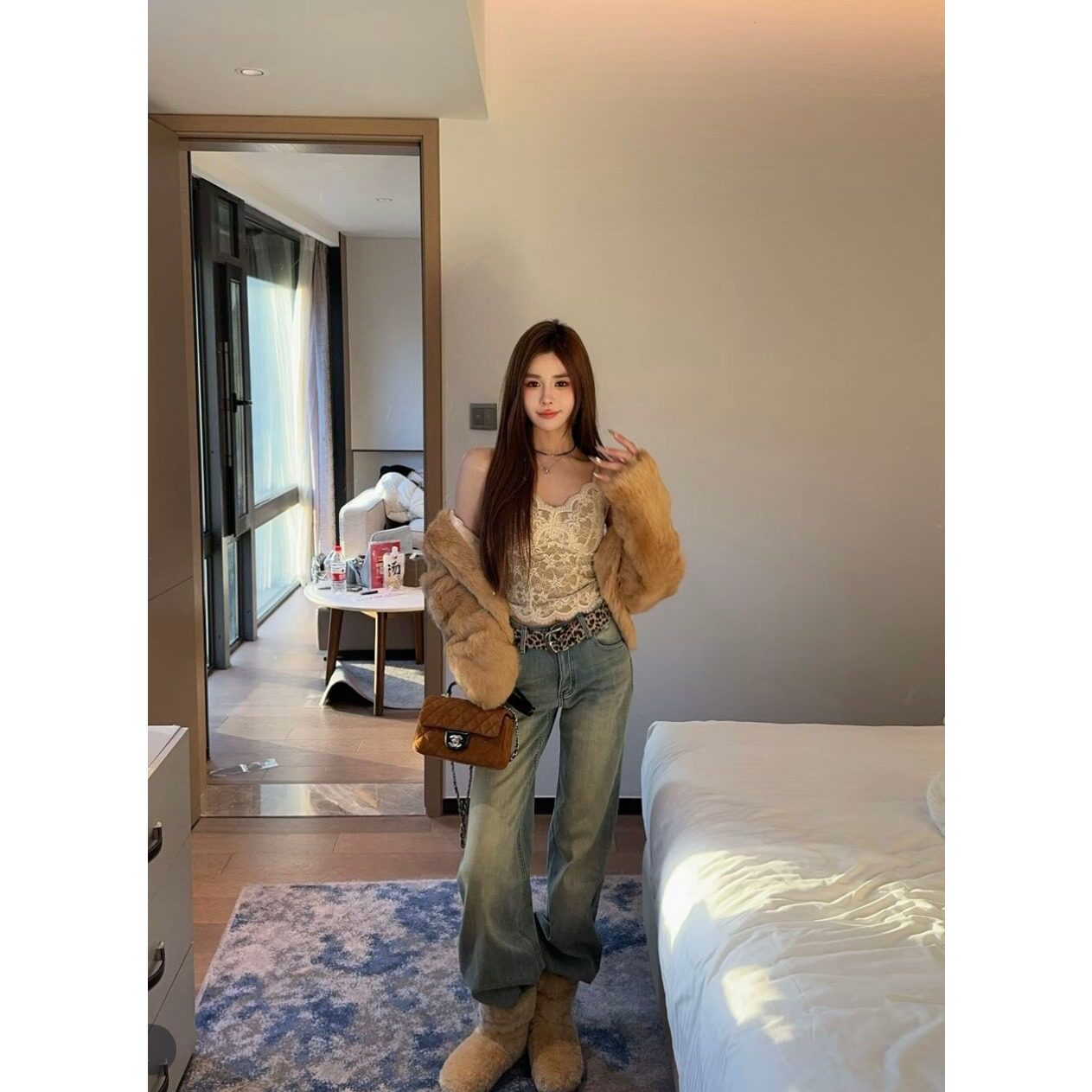 CM原版豹纹腰带复合绒怀旧蓝牛仔裤女2025冬季新款韩版百搭长裤潮