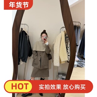 2025冬季新款韩版宽松夹90白鸭绒配围脖西装外套+半身裙时尚套装