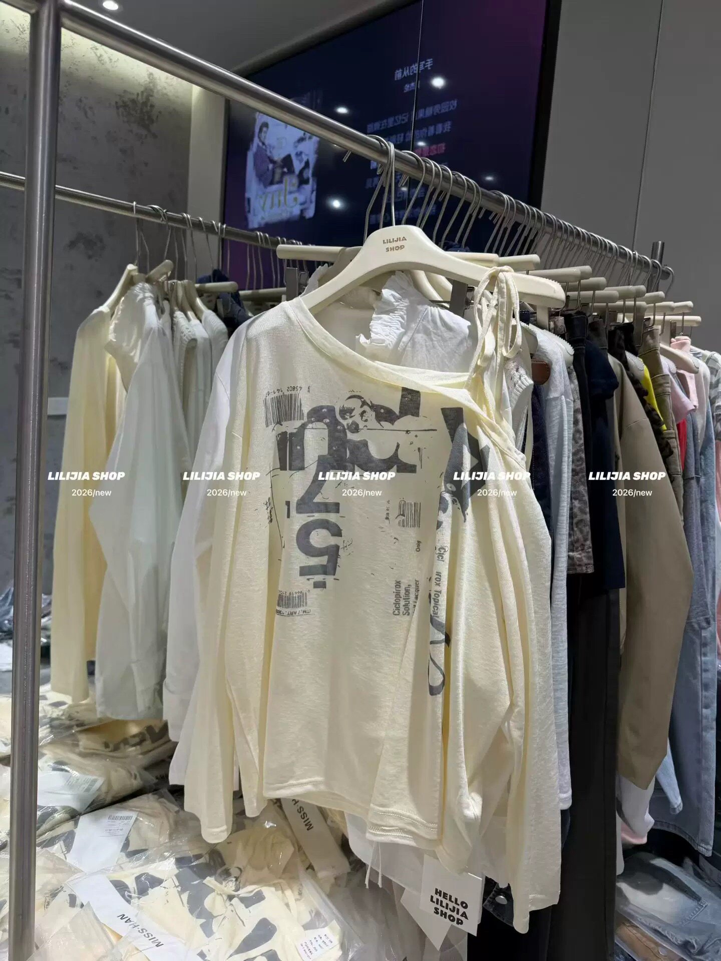 正品实拍微透薄款斜肩露肩长袖T恤2026夏设计感系带防晒罩衫上衣