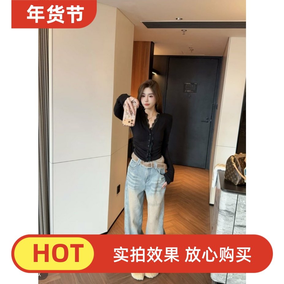 ZM原版重工磨砂水洗碎钻牛仔阔腿裤女2025冬季新款加厚加绒牛仔裤