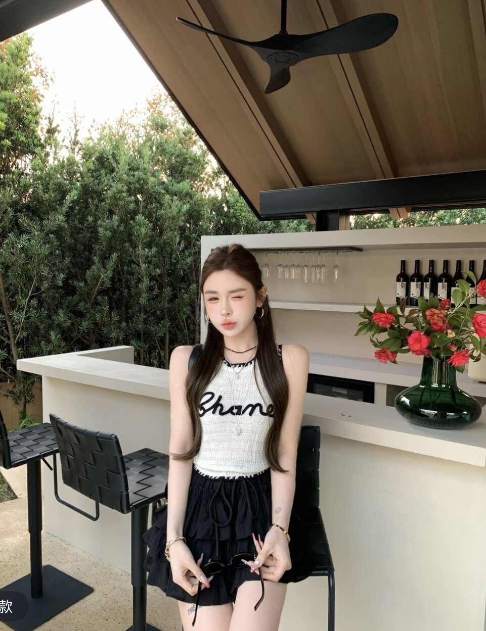 九月家【千金少女】香香风字母针织背心/雪纺黑色层层显瘦半裙潮