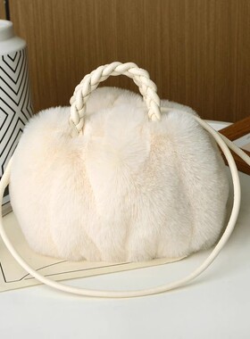新款毛绒包包仿兔毛可爱南瓜包手提女士包秋冬云朵气质单肩斜挎包