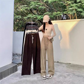 女秋季 新款 双抽绳笑脸腰带休闲裤 灯芯绒超细条绒阔腿裤 高腰直筒裤