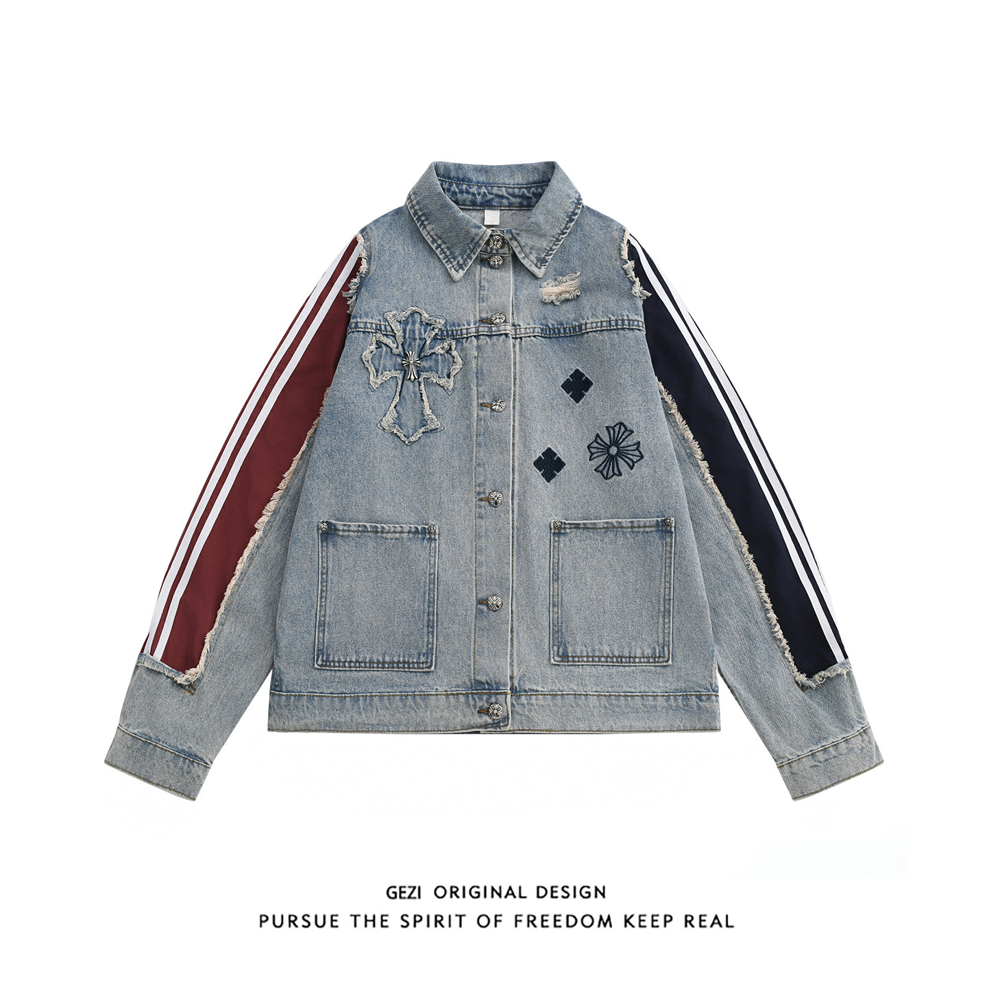 格自做旧牛仔外套男款美式潮牌撞色情侣夹克春秋季刺绣设计感上衣,男装,牛仔外套,淘宝优惠券,粉丝福利购,淘宝优惠卷