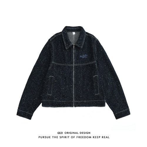 格自美式复古宽松翻领牛仔外套男