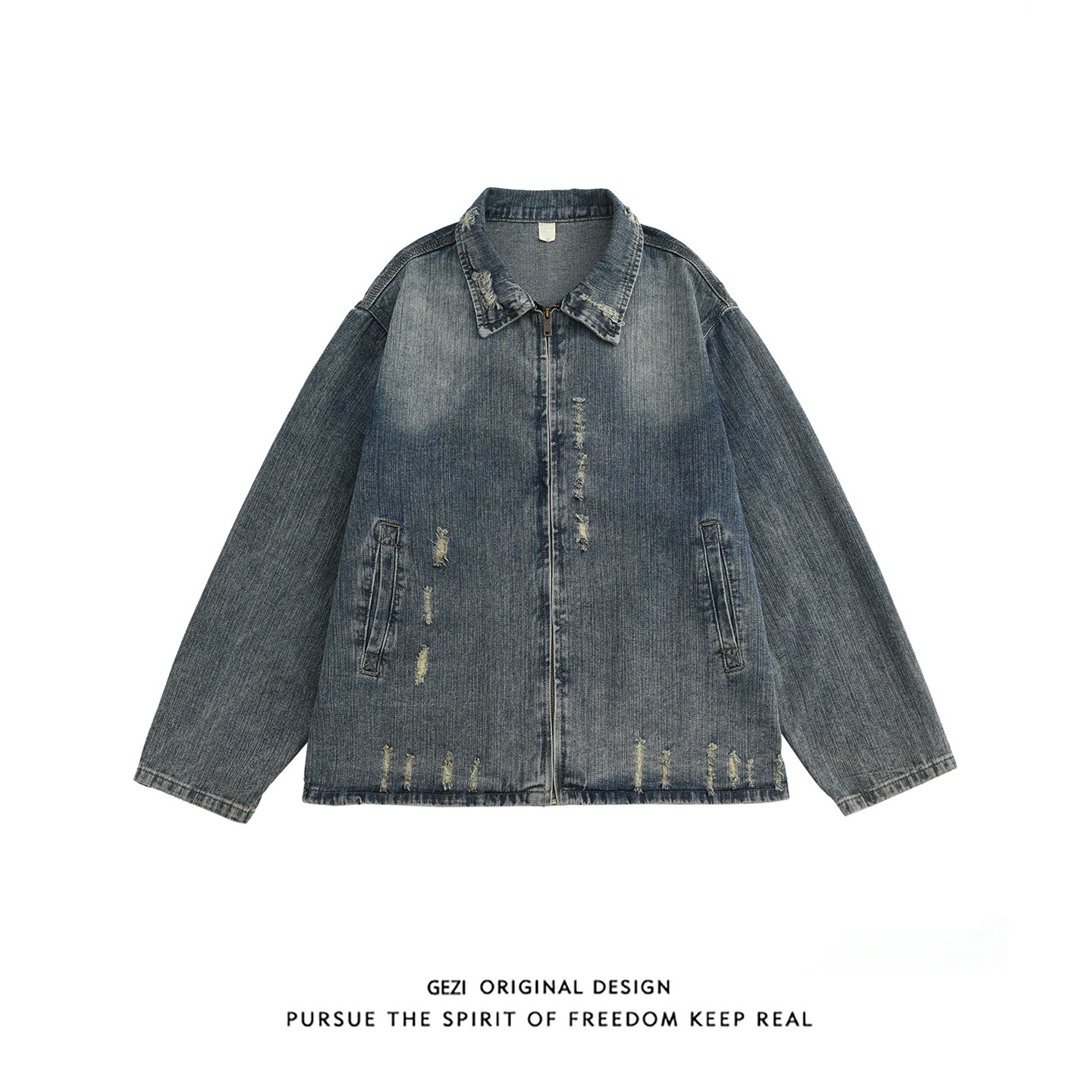 格自美式重磅水洗牛仔外套潮牌宽松情侣上衣春季磨破设计感夹克男,男装,牛仔外套,淘宝优惠券,粉丝福利购,淘宝优惠卷