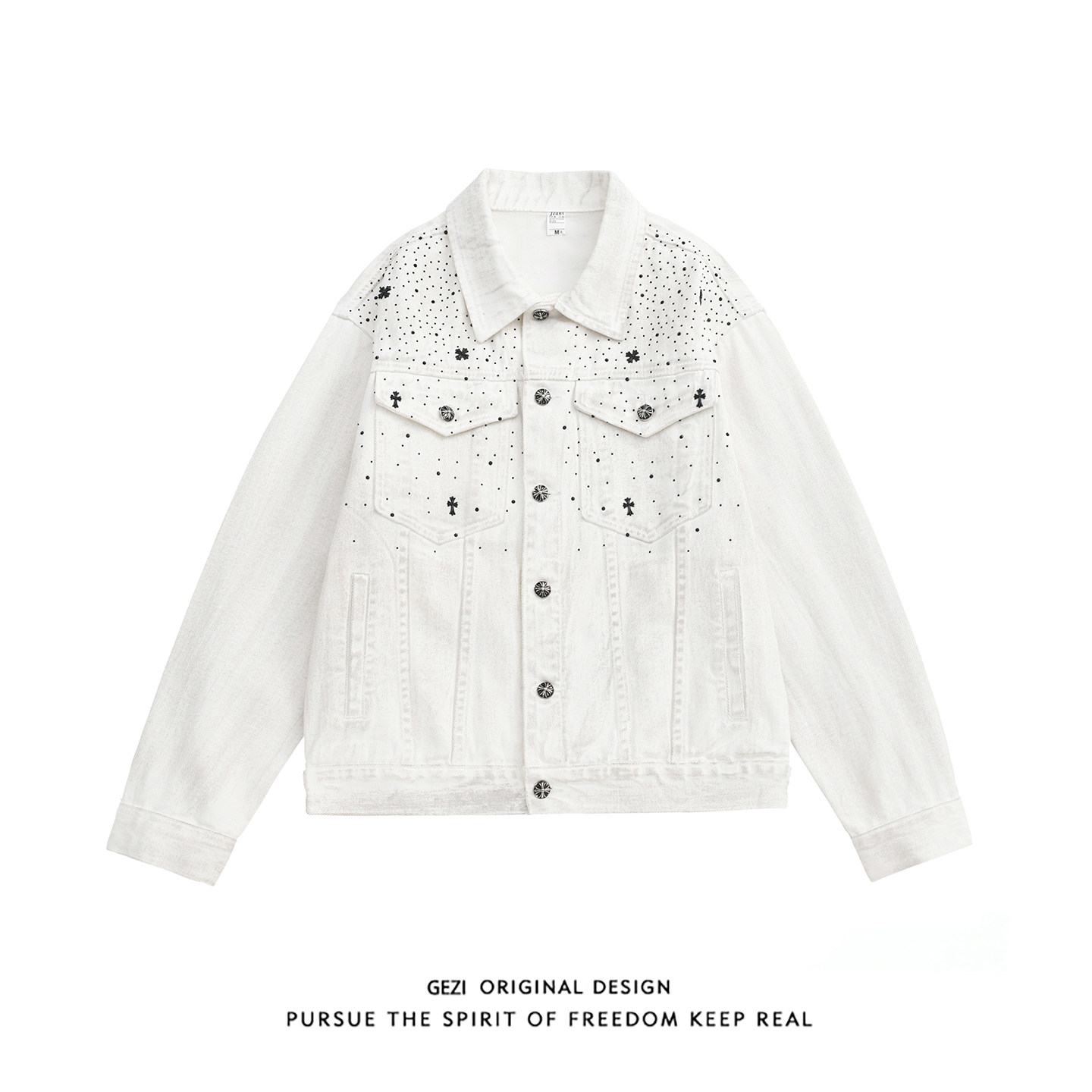 格自重工烫钻牛仔外套男女款潮牌宽松翻领夹克春季美式设计感上衣