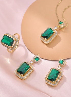新款ins祖母绿锆石项链法式复古气质戒指耳钉时尚大方饰品项链女