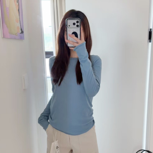 人鱼全棉海盐蓝瘦瘦长袖T恤女秋宽松纯色圆领上衣外穿正肩打底衫
