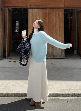 糯米白色秋冬半身裙女加厚加绒中长款a字长款针织梨形伯克利裙子