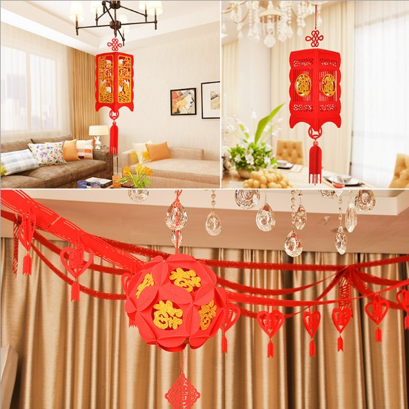 毛毡布婚房灯笼无纺布喜字红灯笼春节装饰花球手工制作小宫灯挂件