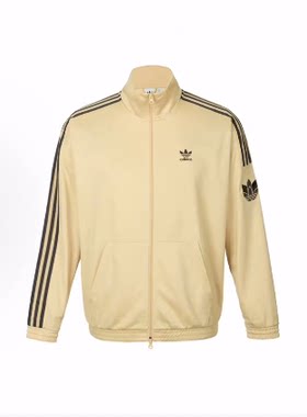 adidas经典复古三条纹字母Logo宽松立领长袖夹克外套通用迷雾浅棕