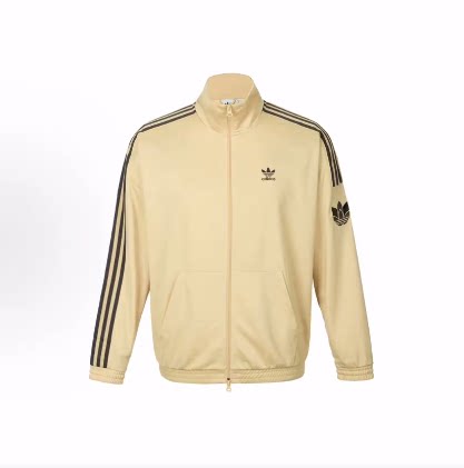 adidas经典复古三条纹字母Logo宽松立领长袖夹克外套通用迷雾浅棕