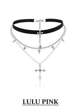 美式小众设计ins暗黑风十字架叠戴choker辣妹项圈皮革锁骨链颈链