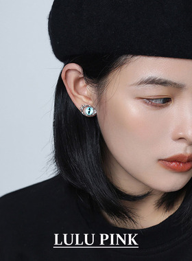 美式小众设计ins甜酷风蓝色猫眼耳钉简约风潮酷百搭s925纯银耳针