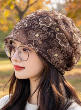 女士薄款堆堆包头巾 网纱花卉空调睡帽中老年遮白发帽
