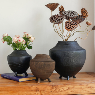 木制水培花瓶中古诧寂实木花器干花山归来民宿酒店电视柜玄关摆件