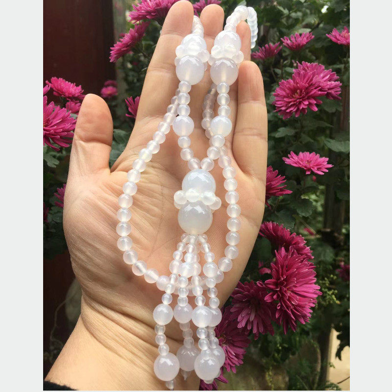 新款冰种玉髓项链长款白玛瑙毛衣链清新文艺玉石珠链冰清玉洁饰品
