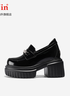 iiJin艾今25新款10cm超轻厚底内增高亮面休闲乐福皮鞋女971DKB