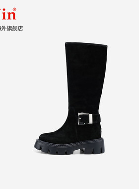 iiJin艾今25秋新品9cm厚底内增高超轻时尚搭扣长筒瘦瘦靴女724SFA