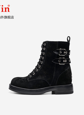 iiJin艾今25新款8cm厚底内增高时尚反绒皮带扣马丁短靴子女594NFA
