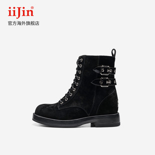 iiJin艾今25新款8cm厚底内增高时尚反绒皮带扣马丁短靴子女594NFA