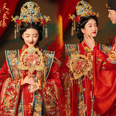 出租百鸟朝凤明制汉服婚服凤冠霞帔全套中式新娘嫁衣出阁服租赁