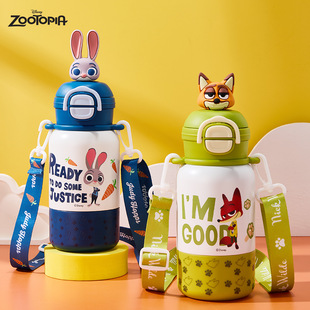 迪士尼儿童保温杯疯狂动物城上学专用带杯绳双饮水杯男女吸管杯子
