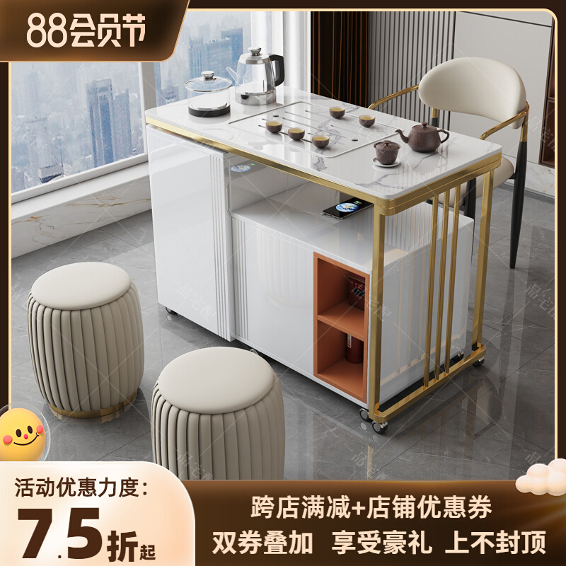 阳台茶桌小户型家用岩板茶台轻B奢简约客厅多功能带轮移动茶车