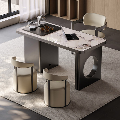 意式轻奢岩板茶台不锈钢茶桌