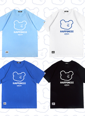 FDSK线稿幸福熊happiness bear韩风插画潮流印花情侣短袖T恤男女