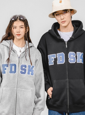 FDSK美式蓝色大字母秋冬潮流情侣加绒连帽拉链开衫卫衣外套男女