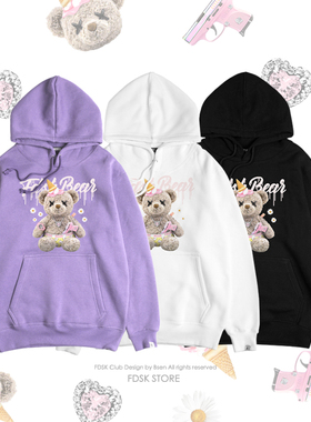 FDSK冰激凌融化熊恶搞潮流蒸汽波情侣抓绒连帽卫衣