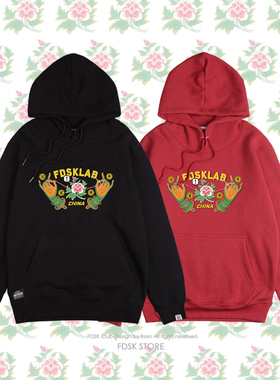 FDSK花开富贵酒红中国元素潮流情侣新年福气抓绒连帽卫衣男女