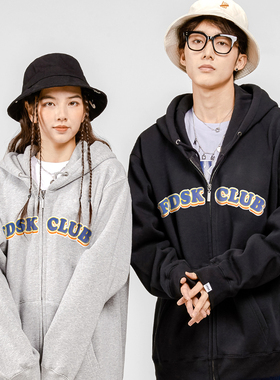 FDSK美式pop弧形圆体字印花开衫加绒情侣拉链连帽卫衣外套男女