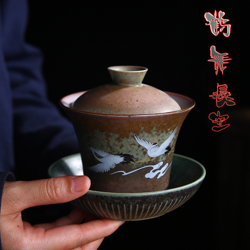 陶瓷三才盖碗茶手绘家用简约仿古